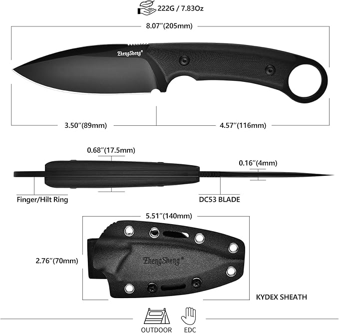 Fixed Blade Knife with Sheath, 3.5??DC53 Steel blade with Black Titanium Coating and G10 Handle Full Tang Outdoor Camping Hiking Survival Knives for Men Women
