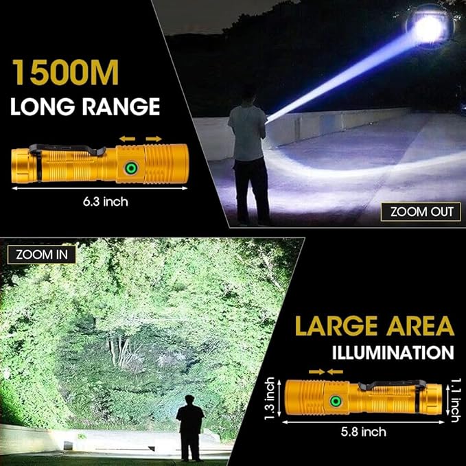 Rechargeable Flashlight High Lumens, High Lumens Super Bright Magnetic Flash Light, 1500 Meter Long-Range Zoomable LED Flashlights for Emergency, Waterproof Flashlight Dimmable, Gold,1PC