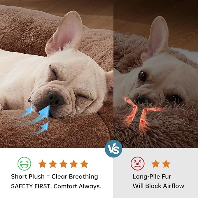 OhGeni 31 inches Calming Donut Orthopedic Dog & Cat Bed for Medium Pets, Warming Comfort Fluffy Short Pile Fur, Durable Waterproof Machine Washable Removable Cover, Cute Round Bed for Puppy, Brown