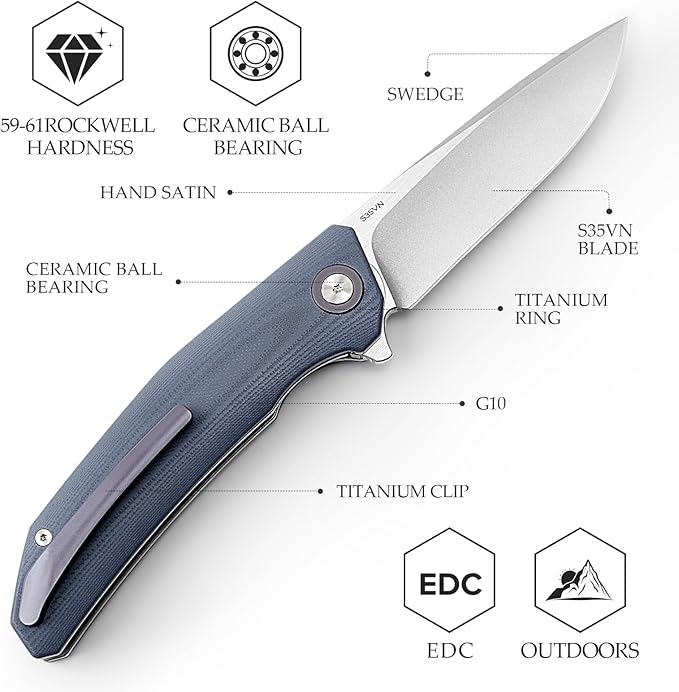 Folding Pocket Knife for Men,Hunting Outdoor Flipper EDC Knives,3.7in CPM S35VN Powder Steel Blade,Titanium Ring and Clip G10 Liner Lock Handle,Camping Tool,Phoenix-03G