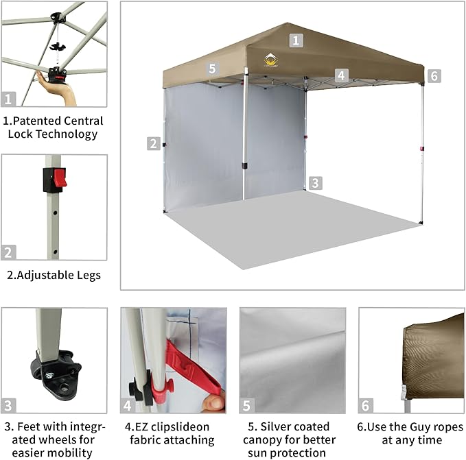 CROWN SHADES 8x8 Pop Up Canopy with 1 Side Wall - Beach Tent with One Push Setup - Outdoor Sun Shade for Events, Parties, Camping - Gazebo with STO-N-Go Cover Bag (Beige)