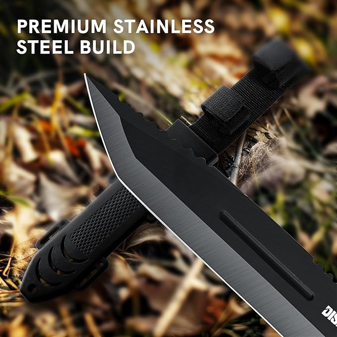 Dispatch Fixed Blade Hunting Knife with Sheath, 12-inch Survival Knives for Men Tactical Bowie Knife with Non-Slip Handle for Bushcraft, Outdoor Camping