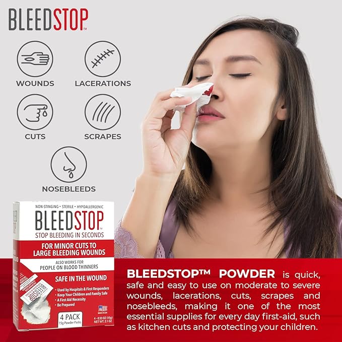 BleedStop™ First Aid Powder for Blood Clotting, Trauma Kit, Blood Thinner Patients, Camping Safety, and Survival Equipment for Moderate to Severe Bleeding Wounds or Nosebleeds (Double 4 Pack 15g)