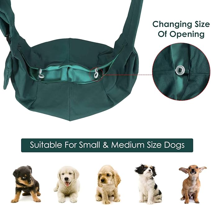 SlowTon Dog Carrier Sling - Thick Padded Shoulder Strap Adjustable Dog Carriers for Small Dogs, Puppy Carrier Purse for Pet Cat with Front Zipper Pocket Safety Belt Machine Washable (Green M)
