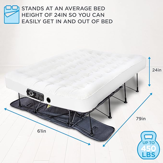 Ivation EZ-Bed (Queen) Air Mattress with Deflate Defender™ Technology Dual Auto Comfort Pump and Dual Layer Laminate Material - AirBed Frame & Rolling Case for Guest, Travel, Vacation, Camping