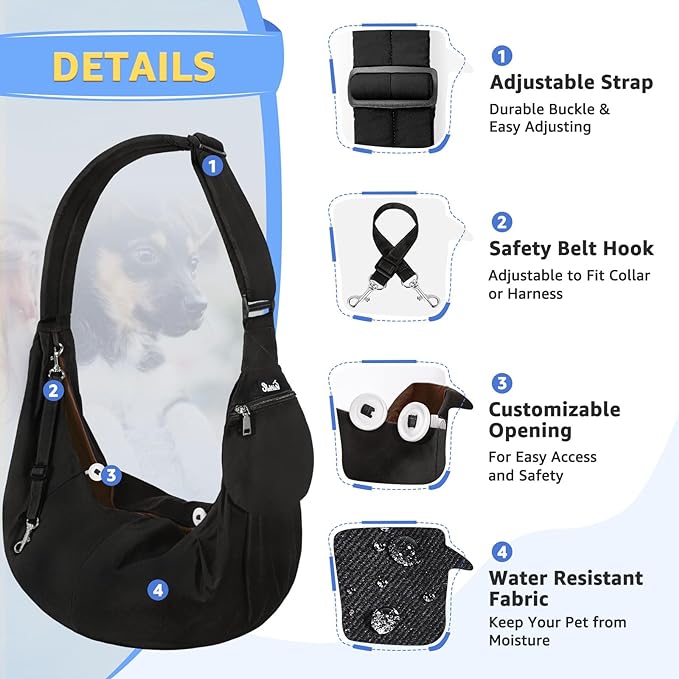 SlowTon Dog Carrier Sling - Thick Padded Shoulder Strap Adjustable Dog Carriers for Small Dogs, Puppy Carrier Purse for Pet Cat with Front Zipper Pocket Safety Belt Machine Washable Waterproof Black L