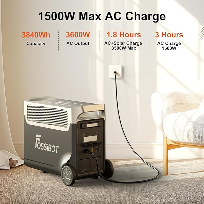 FOSSiBOT 3600 PRO Portable Power Station, 3 x 230 V AC Output 3600 W/3840Wh LiFePO4 Battery Electric Solar Generator for Garage, Home, Off-Grid Living, Camping, RVs, Outdoor Adventures, Power Outages