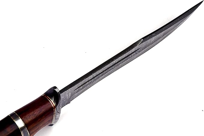 Nooraki 13" - Handmade Damascus Steel Fixed Blade Hunting Knife with Leather Sheath, Multipurpose Knife with Rosewood Handle for Everyday Carry, Outdoor Camping & Hunting Gift (RoseWood-1)