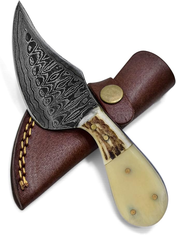 Titan International Knives Damascus EDC Skinning Fixed Blade Knife | Handmade 1095 4340 Carbon Mix Hand Pounded | Stag Horn & Camel Bone Grip for Hunting with Sheath