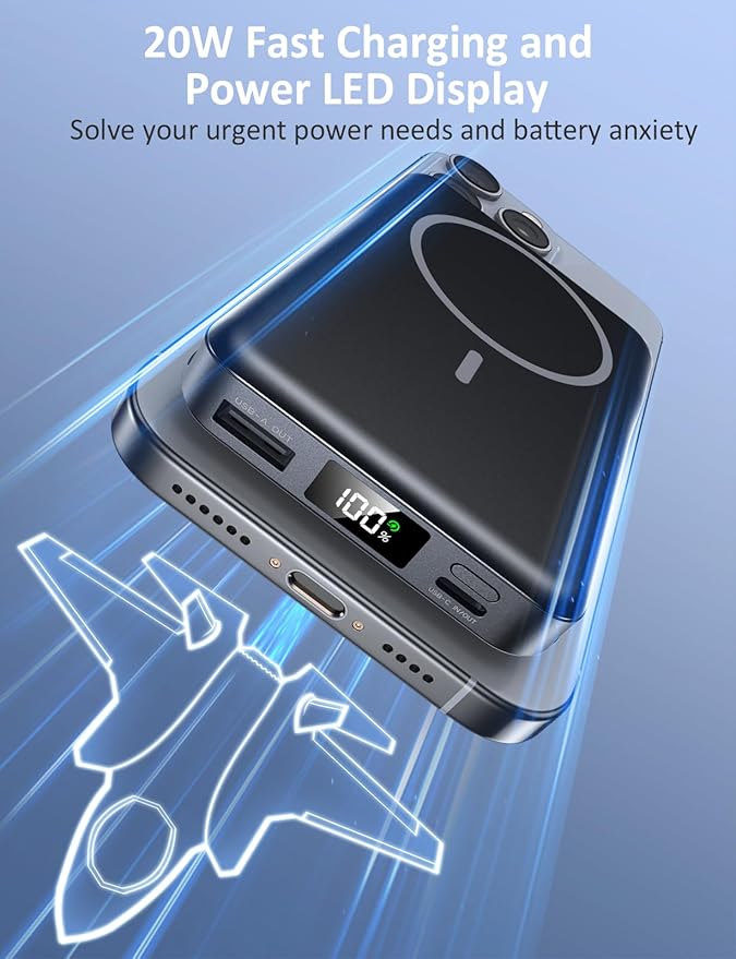Magnetic Portable Charger, 10000mAh Power Bank, 5 in 1 Portable Charger with Built in Cable, 20W Fast Charging for Magsafe Battery Pack Compatible with iPhone 17/16/15/14/13/12 Pro/Pro Max Series