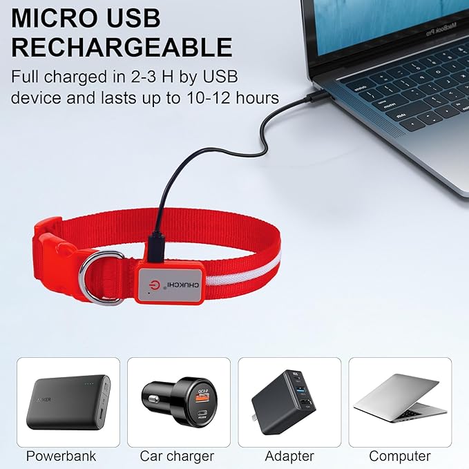 CHUKCHI LED Dog Collar Rechargeable,Waterproof Flashing Collar,Light Up Glow Collar, Adjustable Soft Safety Light Up for Small Medium Large Dogs Walking Camping at Night (Red-L)