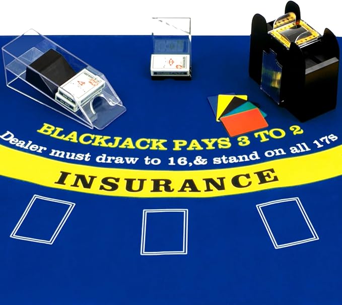 Aoriher Blackjack Game Combo Set, Include Blackjack Layout Felt,Shoe 6 Deck Automatic Card Shuffler Discard Holder Trays and 10 Cut Cards for Casino, Party Night(Blue)