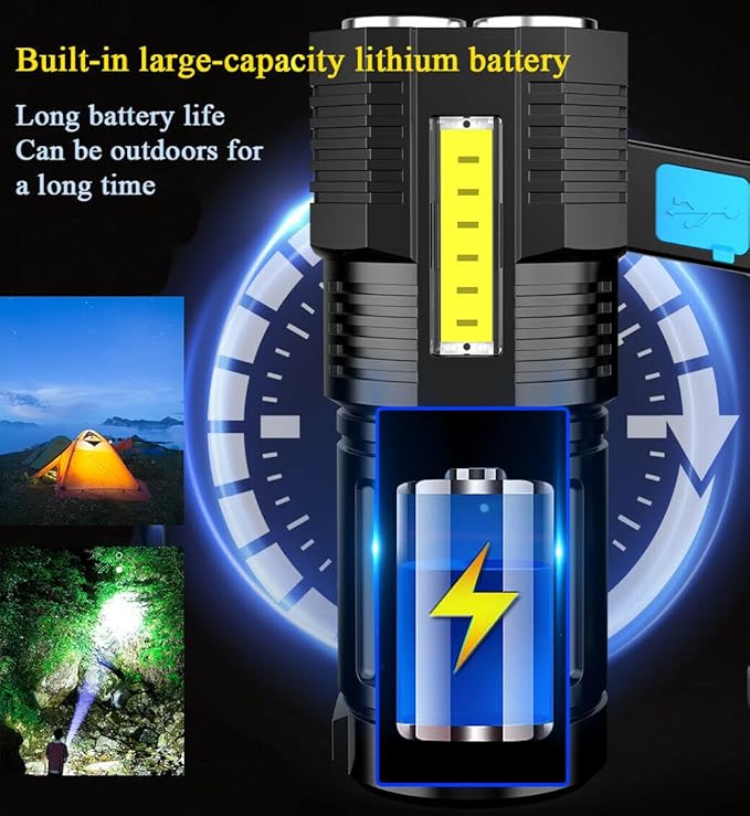 LED Flashlight USB Rechargeable, High Lumens Tactical Light with Sidelight, 4X LED, Zoomable, Handheld Super Brightest Flashlights, Portable Torch for Outdoor Camping Home Emergency Lantern