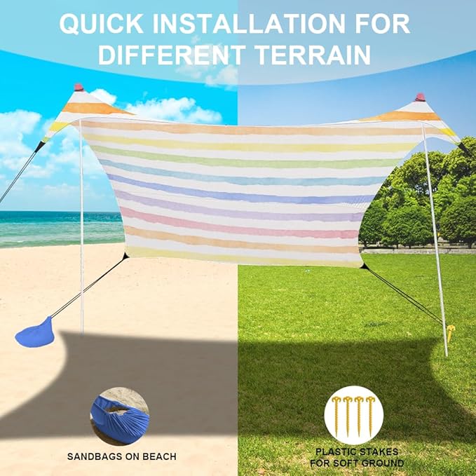 YUKIHOME Beach Tent Sun Shade Canopy Tent, UPF 50+ Camping Beach Sun Shelter 7 x 7ft 2 Pole, Lightweight, Easy Set Up and Carry