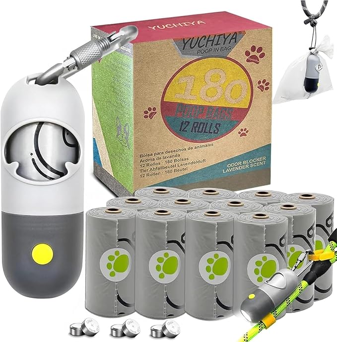 Dog Poop Bags Holder with LED Flashlight|Pet Waste Bags Dispenser for Leash|Doggie Potty Bags Container with Leak-proof Pet Trash Bags and Accessories (Light Gray, 1 Holder 195 Bags)