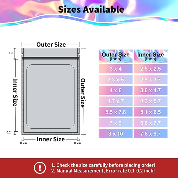 100 Pieces Resealable Smell Proof Bags - Foil Pouch Bags, Flat Clear Food Storage Plastic Packaging Foil Mylar Bags for Party Favor Food Storage (Holographic Color, 7x9 Inch)