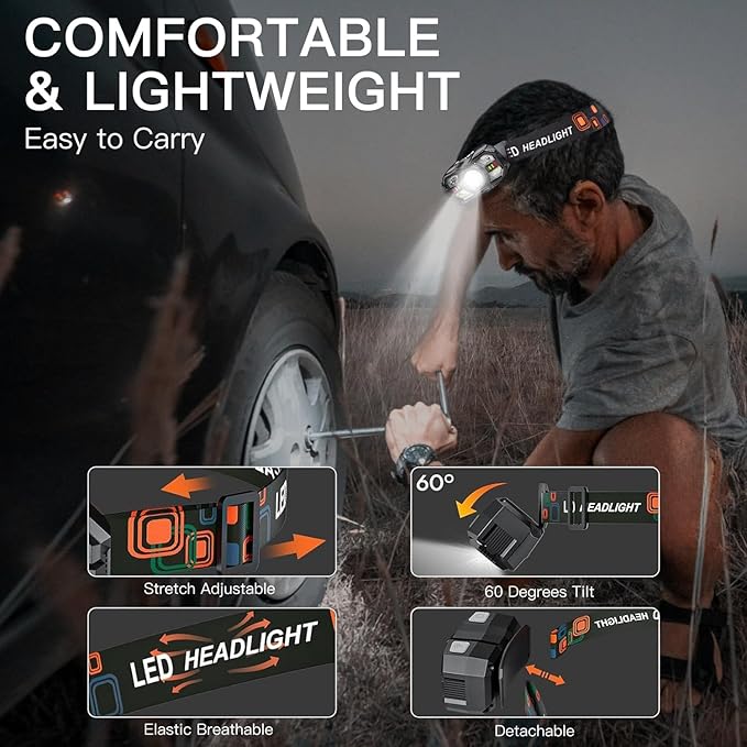 KunHe 20 Pack Headlamp Flashlight Head Lamps led Rechargeable Headlight Motion Sensor Head Lamp 10 Mode for Outdoor Camping Gear Hiking Fishing Running Cycling Headlight Emergency Lights for Home