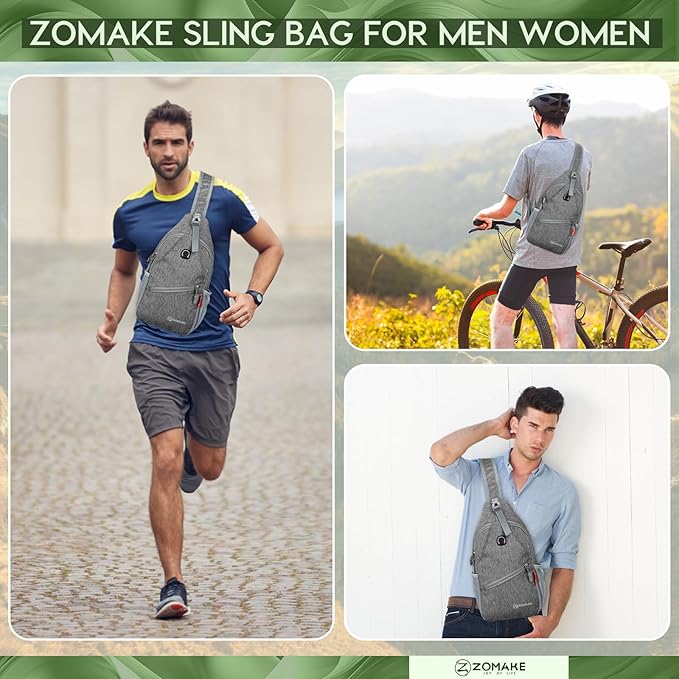 ZOMAKE Sling Bag,Small Crossbody Sling Backpack,Water Resistant Shoulder Daypack for Travel,Anti Thief Chest Bag for Hiking(Gray-Black)