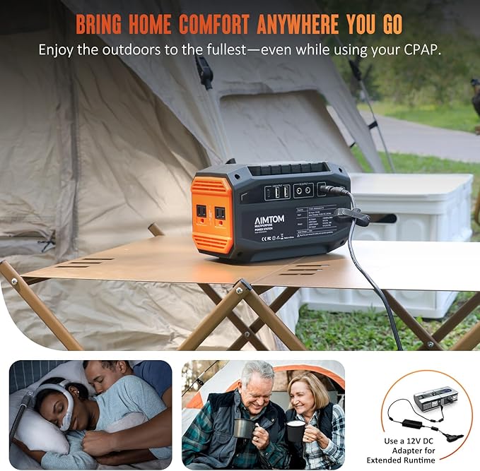 AIMTOM Portable Power Station 173Wh Lithium Battery, 200W AC Outlet (250W Surge), 18W USB-C, 2x USB-A, 2x 12V DC Outputs, LED Flashlight ??Ideal for Camping, Travel, Emergency Backup, RV, Home Use