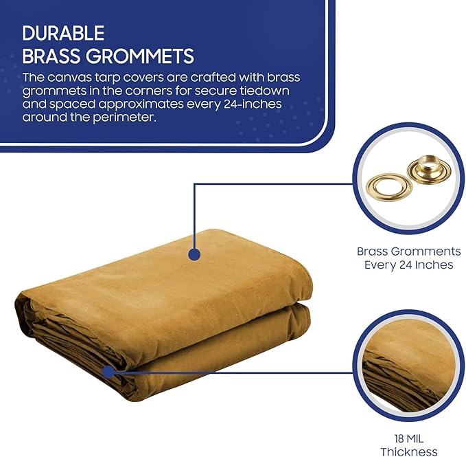 Tarps Now 10x10 ft Heavy Duty Canvas Tarp | 18 MIL Industrial Grade, Tear Resistant, Reinforced Edges, Nickel Plated Grommets | Ideal for Construction, Trucking, Manufacturing, Automotive – Tan Color