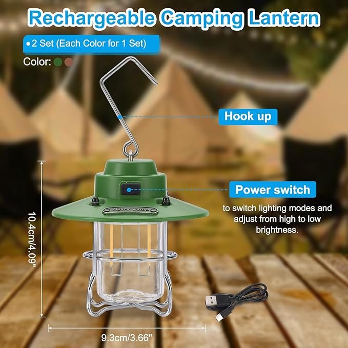 PATIKIL LED Camping Lantern, 2 Pack Vintage Rechargeable Lantern 3 Light Modes Portable Hanging Outdoor Tent Light for Camping Hiking Fishing, Green, Copper 3.66 Inch