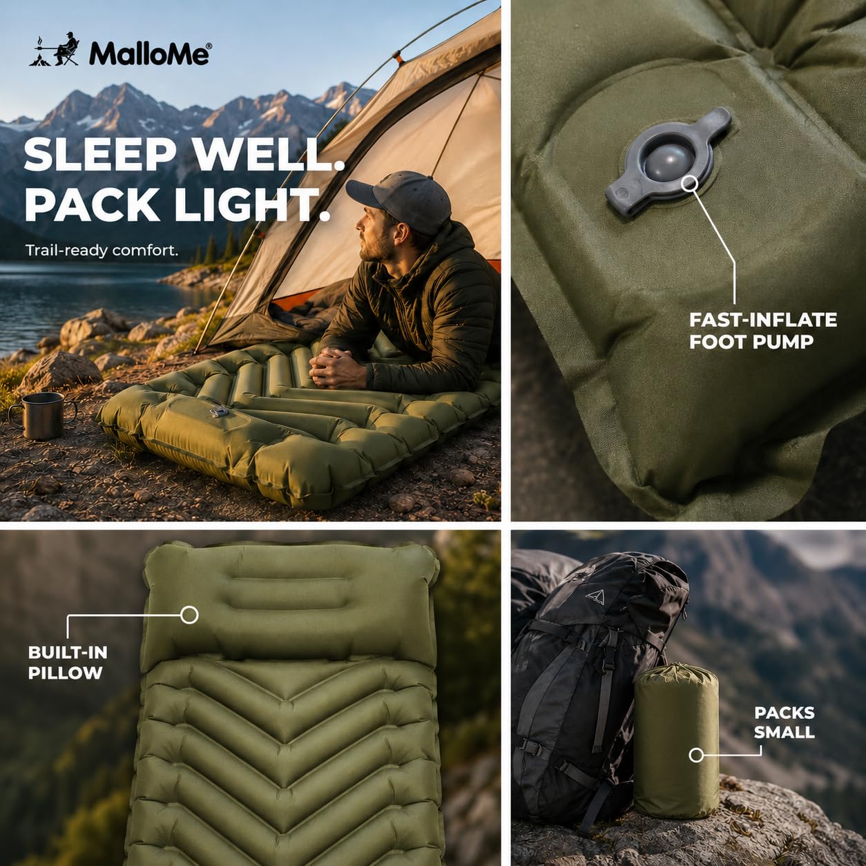 MalloMe Sleeping Pad for Camping, Camping Mattress - Bed for Outdoors Built-in Foot Pump Air