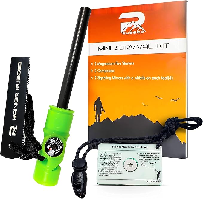 Rainier Rugged 5-in-1 Glow-in-The-Dark Fire Starters Kits with Compass, Signal Mirrors, Whistles -Magnesium Ferro Rods - Compact Portable Hiking, Camping, Trekking,Emergency Survival Rescue