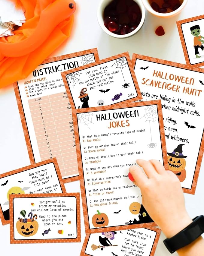 Sinasasspel Halloween Scavenger Hunt Clues Cards, Halloween Scavenger Treasure Hunt Games for Adults, Outdoor Indoor Halloween Pumpkin Ghost Witches Party Supplies Activities(20 Cards with Envelopes)