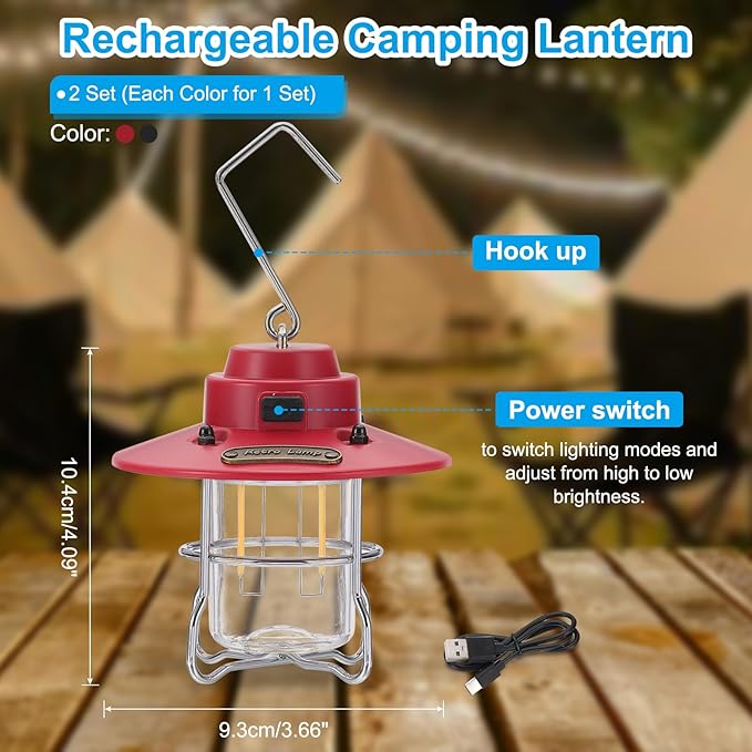 PATIKIL LED Camping Lantern, 2 Pack Vintage Rechargeable Lantern 3 Light Modes Portable Hanging Outdoor Tent Light for Camping, Hiking, Fishing, Red, Black 3.66 Inch