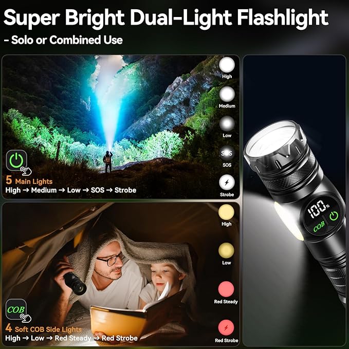 Flashlight Rechargeable 2000 High Lumens Ultra-Bright Covers 3200 ft² Focus Up to 3900 feet,IPX7 Waterproof Tactical LED Flashlight with COB SideLight & Magnetic Base for Camping Home Emergency