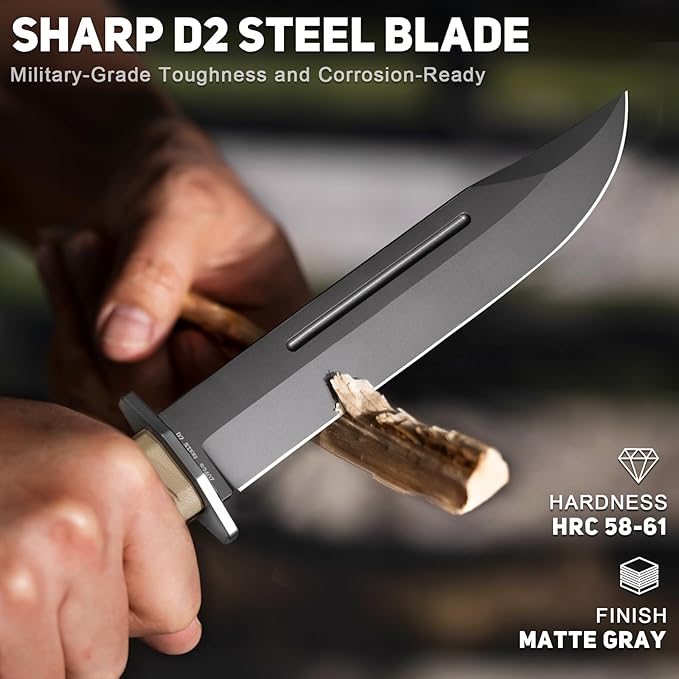 NedFoss BRAVE Fixed Blade Tactical Knife, 6.8" Full Tang Survival Knife with Kydex Sheath, D2 Steel Blade & Desert G10 Handle, Hunting/Camping Knife for Heavy-Duty Task, Outdoor Gifts for Men Women