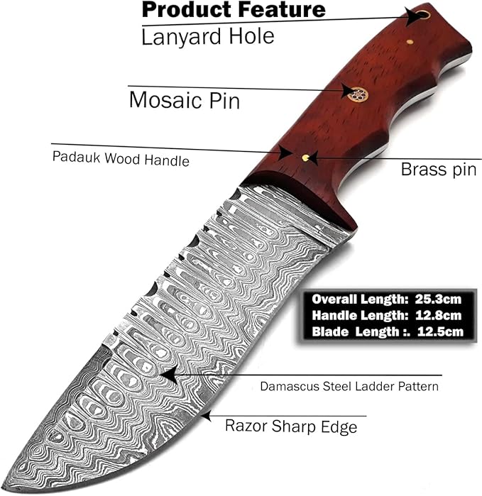 Custom Handmade Damascus Steel Fixed Blade Hunting Knife with Leather Sheath- 10inch Survival Hunting Knives for men- Belt Knife with Horizontal and Vertical carry- Bushcraft knife for Skinning Camping Outdoor