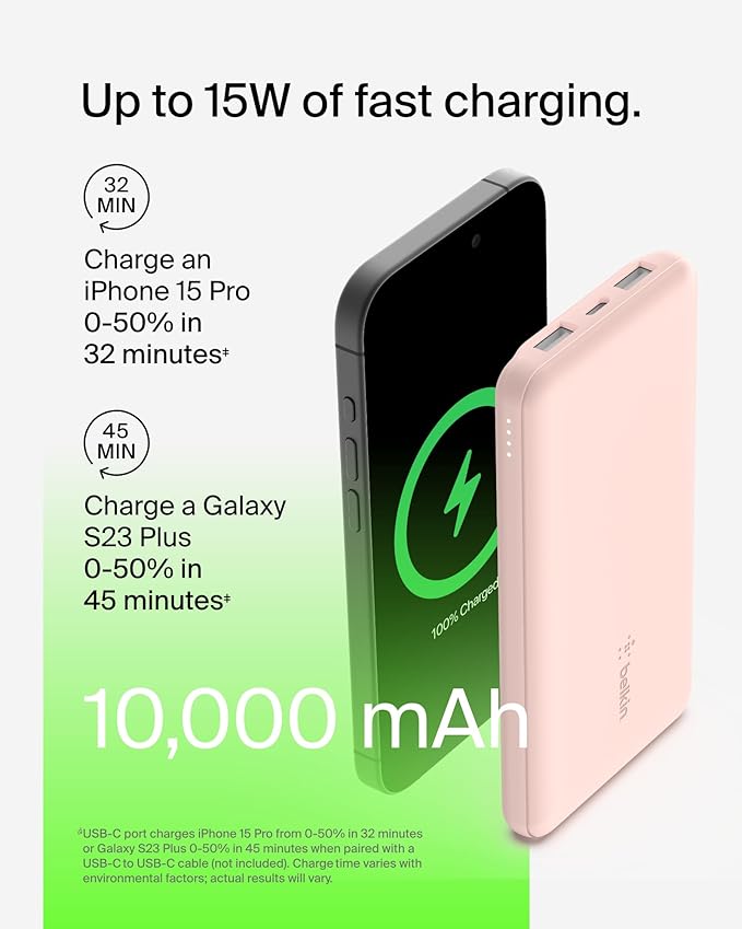 Belkin Portable Charger, USB-C Power Bank 10000 mAh w/ 1xUSB-C & 2xUSB-A Ports, 15W w/ Type-C to Type-A Cable - iPhone 17, Samsung Galaxy S25, Google Pixel 10, Nintendo Switch 2, etc. - Rose Gold