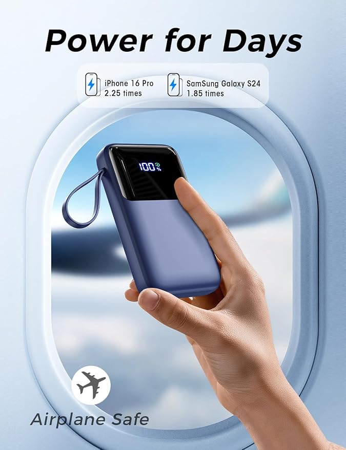 Power Bank, 15000mAh Portable Charger with Built in Cable, 22.5W Fast Charging, 6 Outputs, Slim Travel Essential Battery Pack with LED Display, Compatible with iPhone 16/15/14/13, Samsung, iPad, etc
