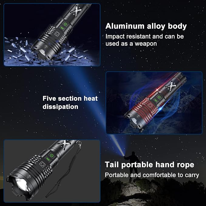 Rechargeable Led Flashlights 5200.000 High Lumens,Super Bright Flashlight True,Powerful Tactical Flashlight Up to 24H Long Battery Life Zoomable 6 Light Modes IP67 Water Resistant for Home Camping