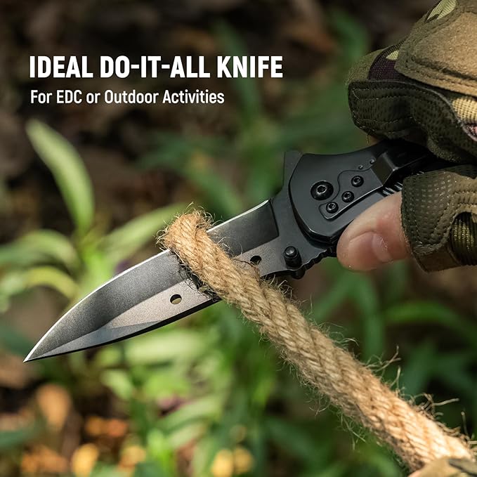 Pocket Knife for Men - 3.46" Sharp Blade Wood Handle Pocket Folding Knives with Clip, Glass Breaker - EDC Knives for Hunting Camping Survival Outdoor Fishing Hiking Women Men, Black