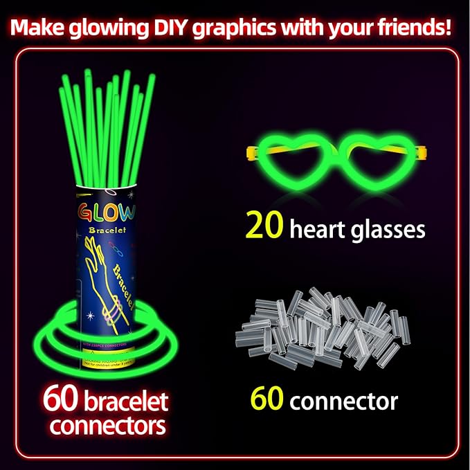 60 Pack 8??Green Glow Sticks Bulk Bright Glow Sticks with 60 Connectors 20 Heart Glasses Glow In The Dark Party Supplies Neon Party Decorations Glow Bracelet Glasses for Carnival (Green)