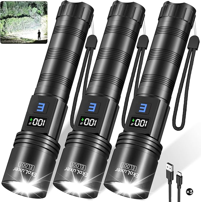 3Pack Rechargeable Flashlights 990,000 High Lumens, Super Bright Flashlight with LCD Digital Display, 5Modes Adjustable LED Flashlight Tactical Flashlights High Powered, Flash Lights for Emergency