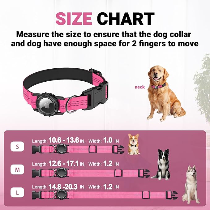 AirTag Dog Collar and Leash, IP68 Waterproof Integrated with Reflective, Ultra-Durable, Comfortable Padded, Heavy Duty Dog Collars for Small Medium Large Dogs, L (14.8"-20.3"), Pink