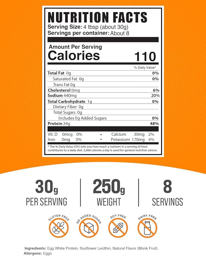 BulkSupplements.com Egg White Protein Powder - Egg White Powder, Lactose Free Protein - Unflavored & Dairy Free, 30g per Serving, 250g (8.8 oz) (Pack of 1)