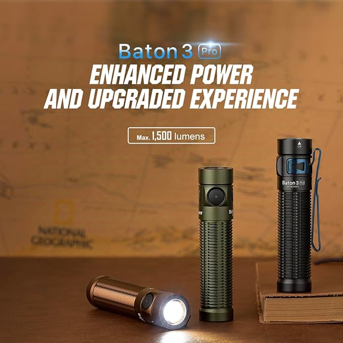 OLIGHT Baton3 Pro EDC Rechargeable Flashlights 1500 Lumens with Charging Cable, L-Shape Stand and High Performance Bright LED Flashlight for Camping and Emergency (Cool White Light: 5700~6700K)