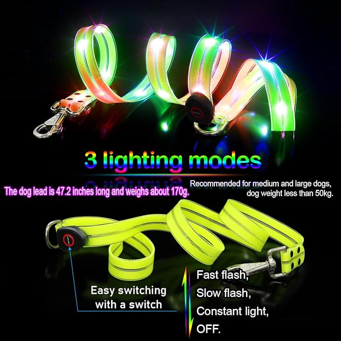 LED Waterproof Pet Dog Leash USB Rechargeable Fashionable Color Glow in The Dark Night Walk Safety Dog Leash for Medium to Large Dogs