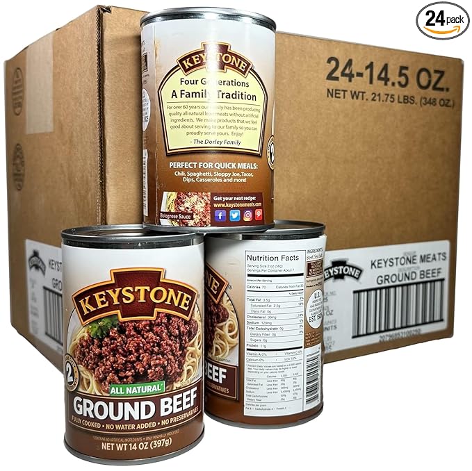 Keystone Meats All Natural Heat and Serve Ground Beef 14 oz – Fully Cooked Canned Meat – Ready to Eat – 5-Year Shelf Life – Pantry Staple for Everyday Meals, Emergency Survival Canned Food – Made in USA – Pack of 24