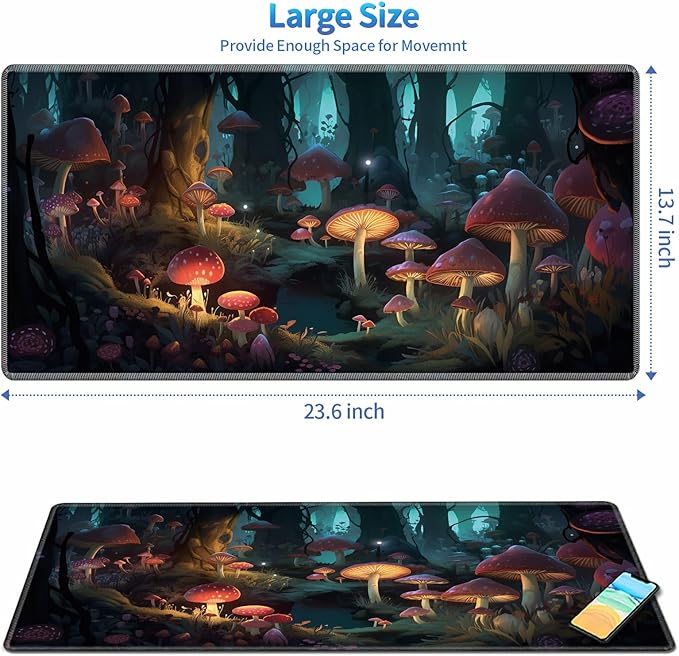 Playmat for MTG, 24 x 14 inches Game Play Mat for MTG TCG and Other Card Games, Trading Card Game Play Mat Desk Mats with Stitched Edges Non-Slip Base, Mushrooms Forest
