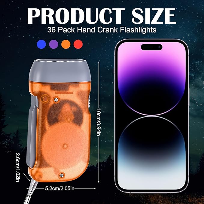 Treela 36 Pcs Hand Crank Flashlights Operation Christmas Bulk Items Squeeze Flashlight No Battery Required Torchlight 3 Powered Charging for Emergency(Red, Blue, Orange, Purple)