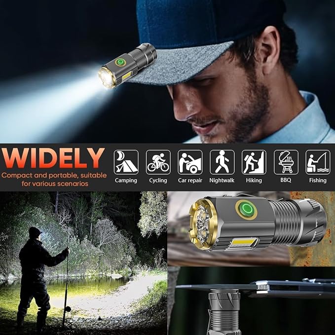 Rechargeable mini LED Flashlight, 9000 lumens Ultra Bright Small Flashlight, with Clip and Magnet, IPX6 Waterproof, 6 Modes, Suitable for Camping, Hiking, and Emergency situations (2-Piece Set)