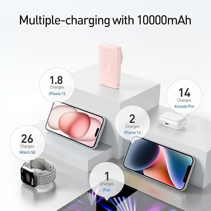 iWALK Magnetic Wireless Power Bank with iWatch Charger,10000mAh PD Fast Charging Portable Charger Compact Battery Pack Compatible with iPhone 17/16/15/14/13/12 Series,Apple Watch Ultra/8/7/6/5/4