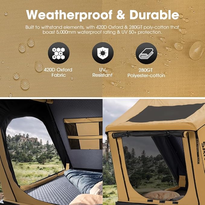 Sanhima Rooftop Tent Hard Shell - Hotham Overland Aluminium Roof Top Tent w/Larger Space, LED Strip Light & Skyview Window, 2” Thick Mattress, for Car SUV Truck Camping, 2-3 People Tent