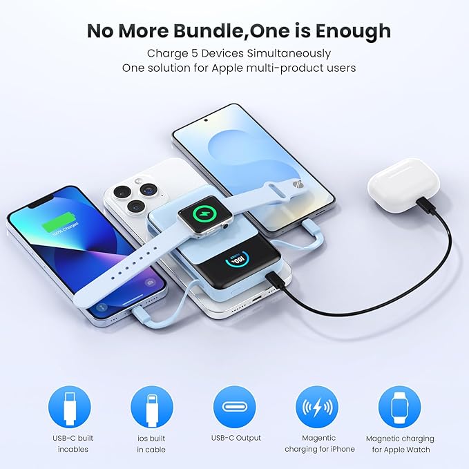 Magnetic Portable Charger 10800mAh with Built-in Cables,5-in-1 Qi2 Certified 15W Wireless Power Bank with iWatch Charger,30W PD Fast Charging USB-C Battery Pack for iPhone 17/16/15/14/13/12-Light Blue