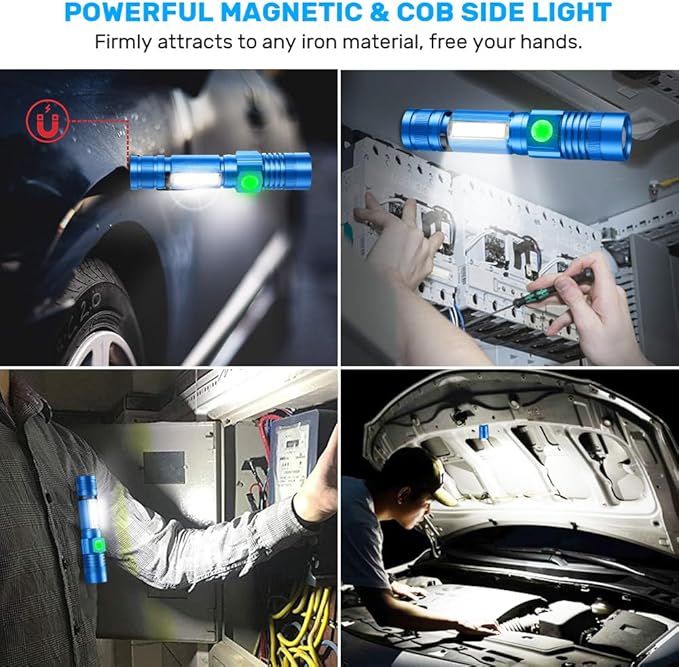 Rechargeable LED Flashlights, Magnetic Flashlight Super Bright Tactical Flashlight with SideLight,USB Rechargeable,Zoomable,Waterproof Best Small Flashlight for Camping, Emergency Blue